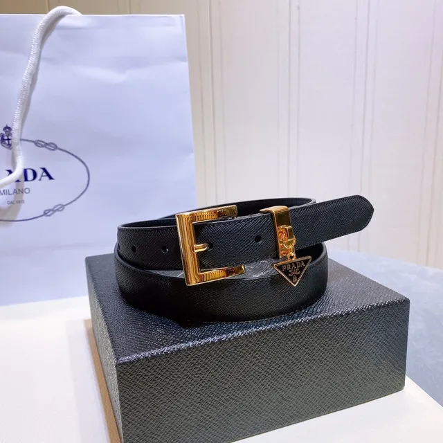 Prada Triangular Logo Buckle Belt Black Gold Saffiano-Textured Rectangular Leather Belt 3
