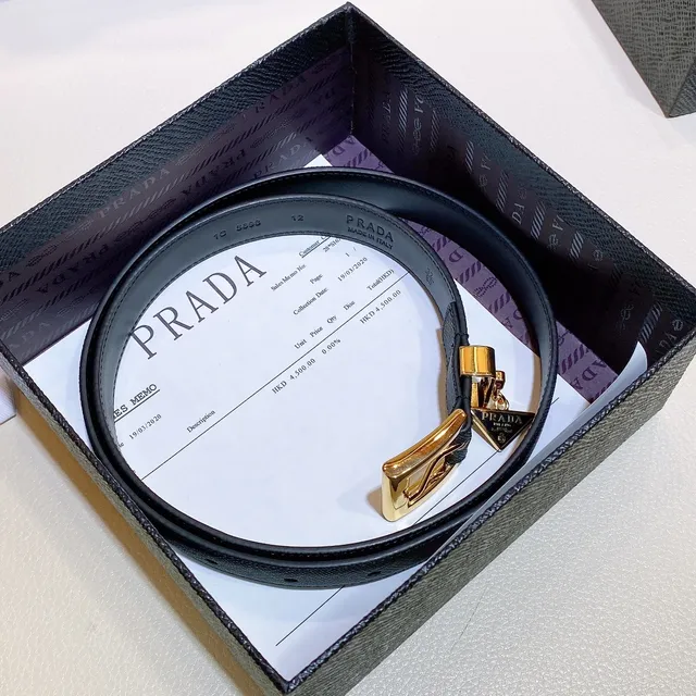 Prada Triangular Logo Buckle Belt Black Gold Saffiano-Textured Rectangular Leather Belt 4
