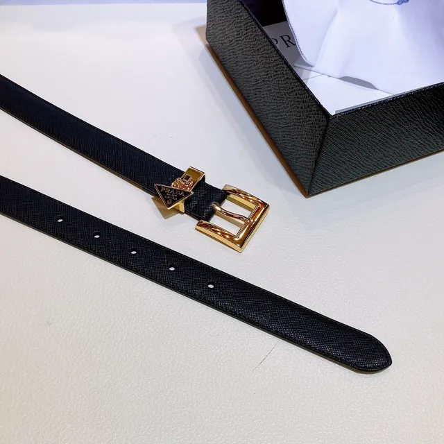 Prada Triangular Logo Buckle Belt Black Gold Saffiano-Textured Rectangular Leather Belt 6