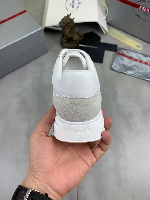 Prada White Beige Mesh And Suede Paneling Sculpted Midsole Sneakers 3