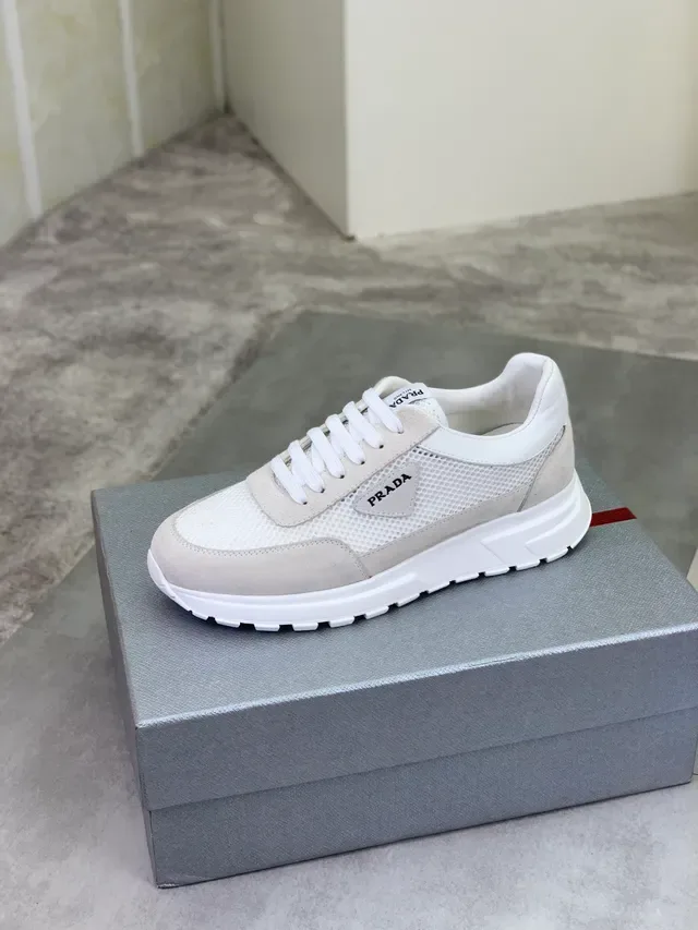 Prada White Beige Mesh And Suede Paneling Sculpted Midsole Sneakers 5