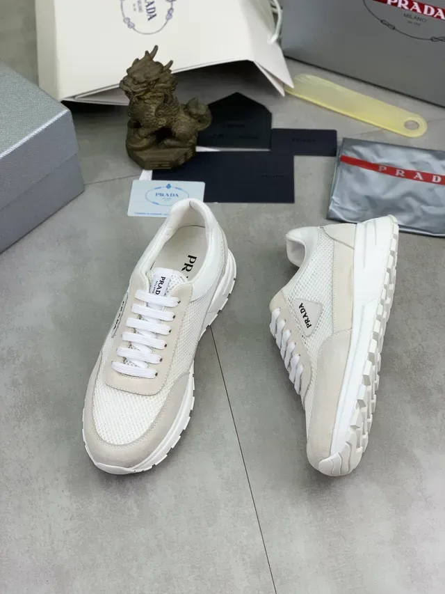 Prada White Beige Mesh And Suede Paneling Sculpted Midsole Sneakers 6