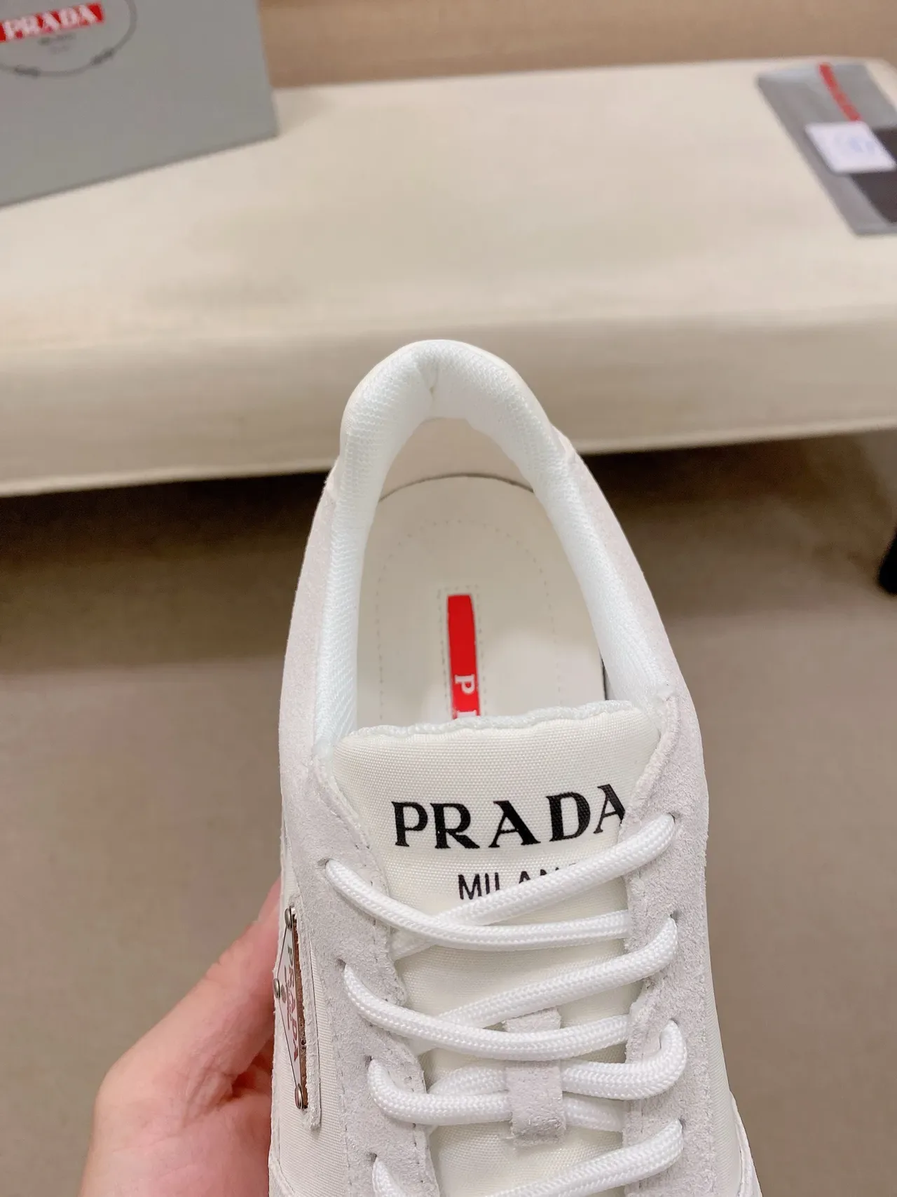 Prada White Beige Mixed-Material Upper Triangular Logo Plaque Chunky Sneakers 4