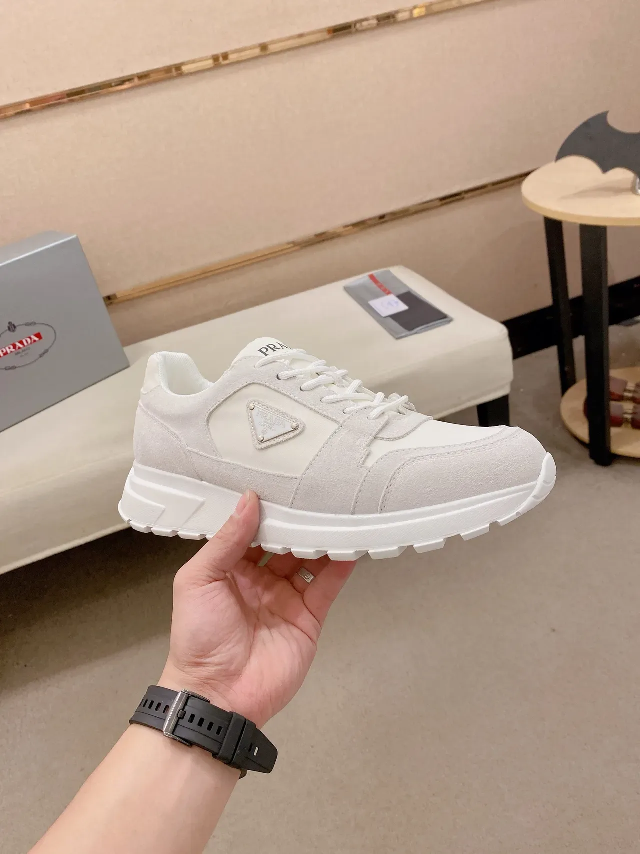 Prada White Beige Mixed-Material Upper Triangular Logo Plaque Chunky Sneakers 5