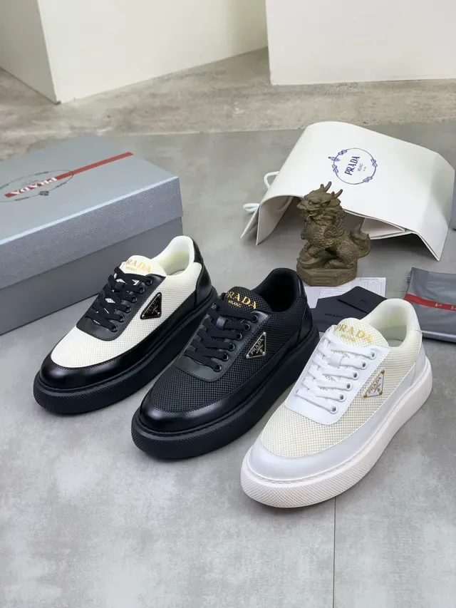 Prada White Black Mesh And Patent Leather Paneling Triangular Metal Logo Plaque Lifestyle Sneakers 2