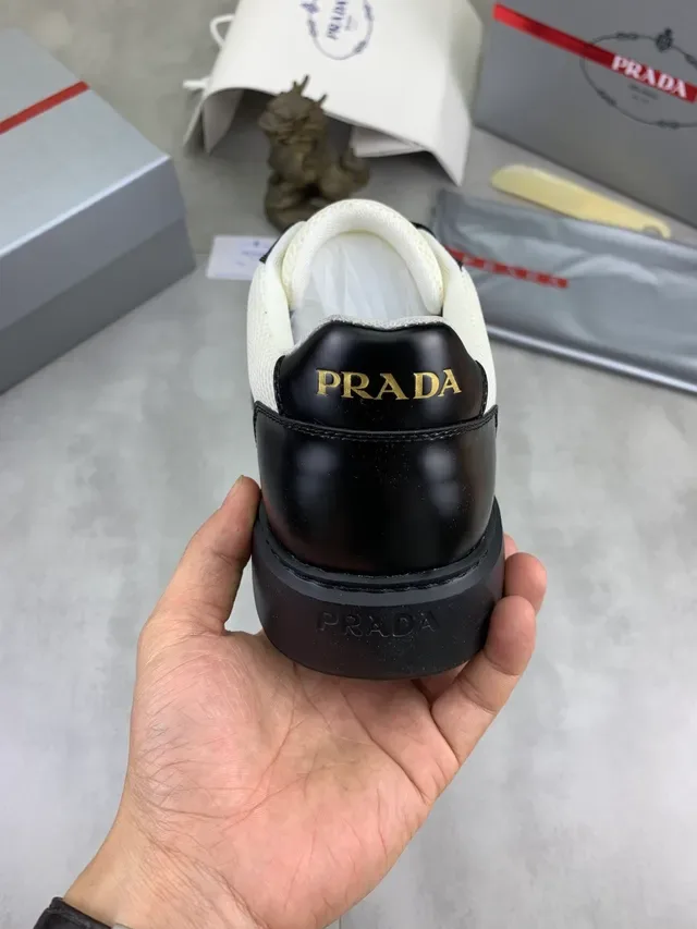 Prada White Black Mesh And Patent Leather Paneling Triangular Metal Logo Plaque Lifestyle Sneakers 4