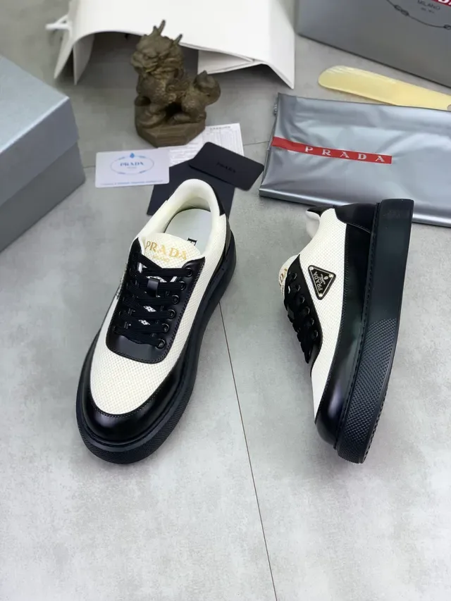 Prada White Black Mesh And Patent Leather Paneling Triangular Metal Logo Plaque Lifestyle Sneakers 5