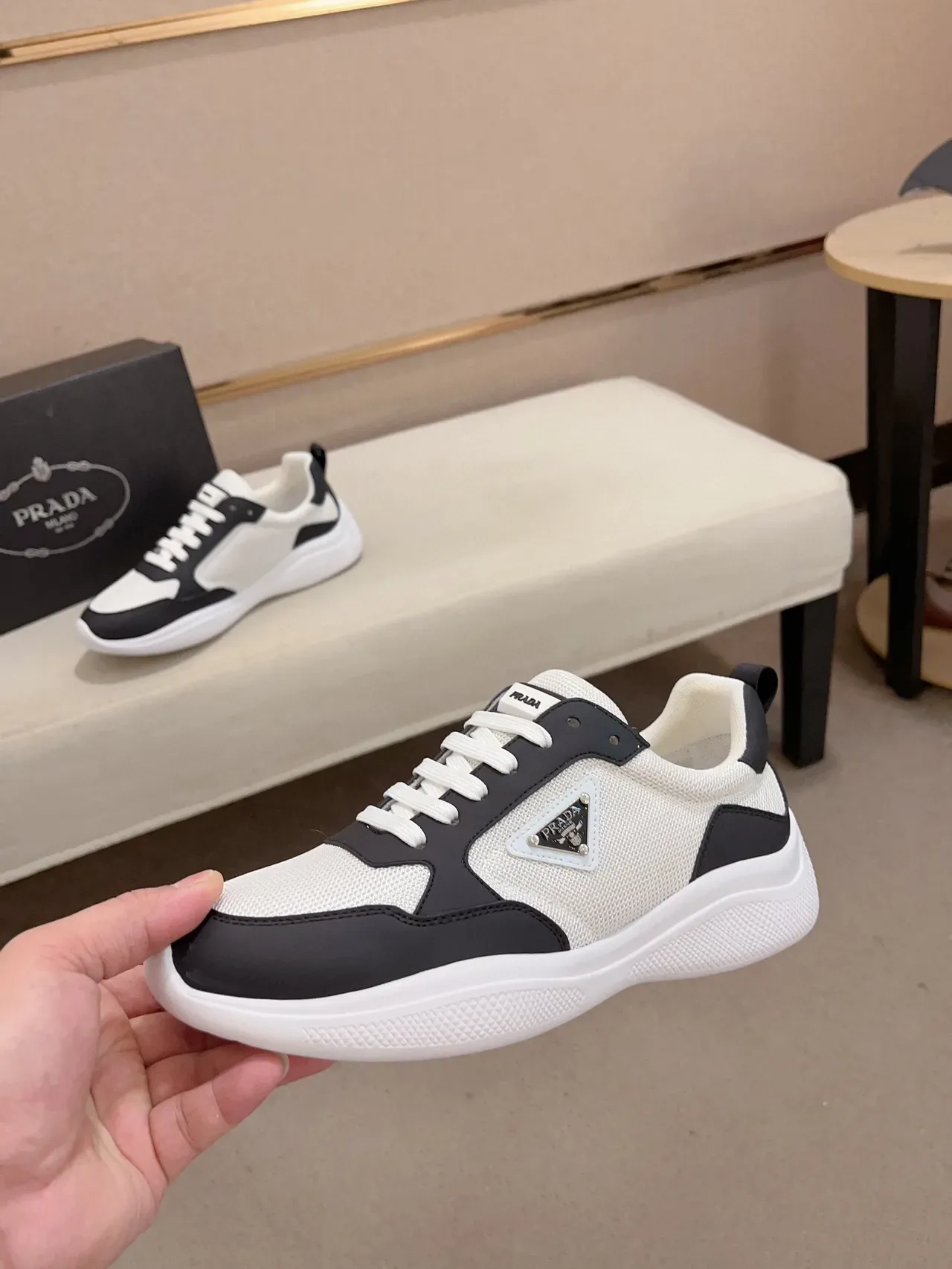 Prada White Black Mesh And Synthetic Panel Construction Monochrome Lifestyle Sneakers 3