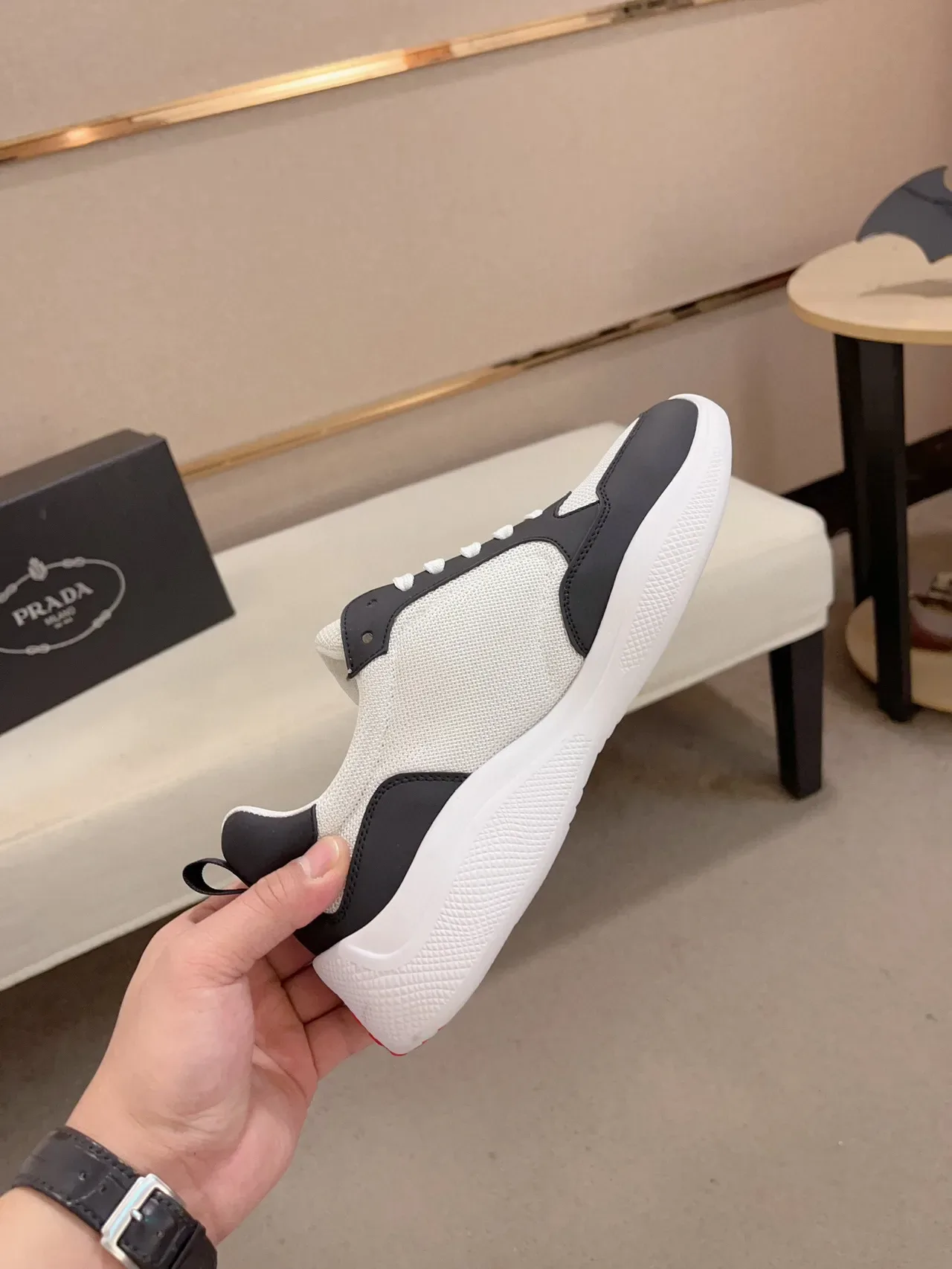 Prada White Black Mesh And Synthetic Panel Construction Monochrome Lifestyle Sneakers 5