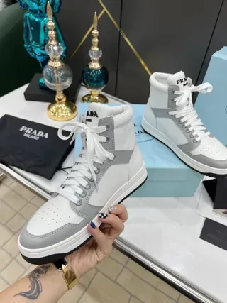 Prada White Gray High-Top Panelled Leather Lifestyle Sneakers 2