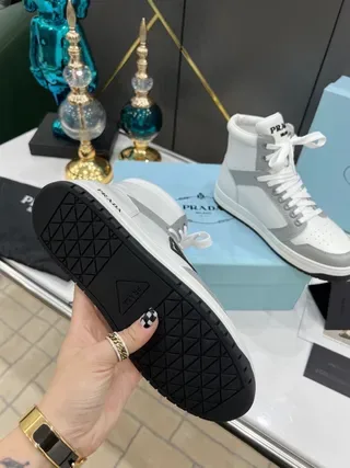 Prada White Gray High-Top Panelled Leather Lifestyle Sneakers 4