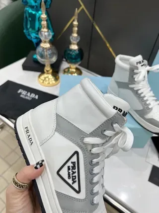 Prada White Gray High-Top Panelled Leather Lifestyle Sneakers 5