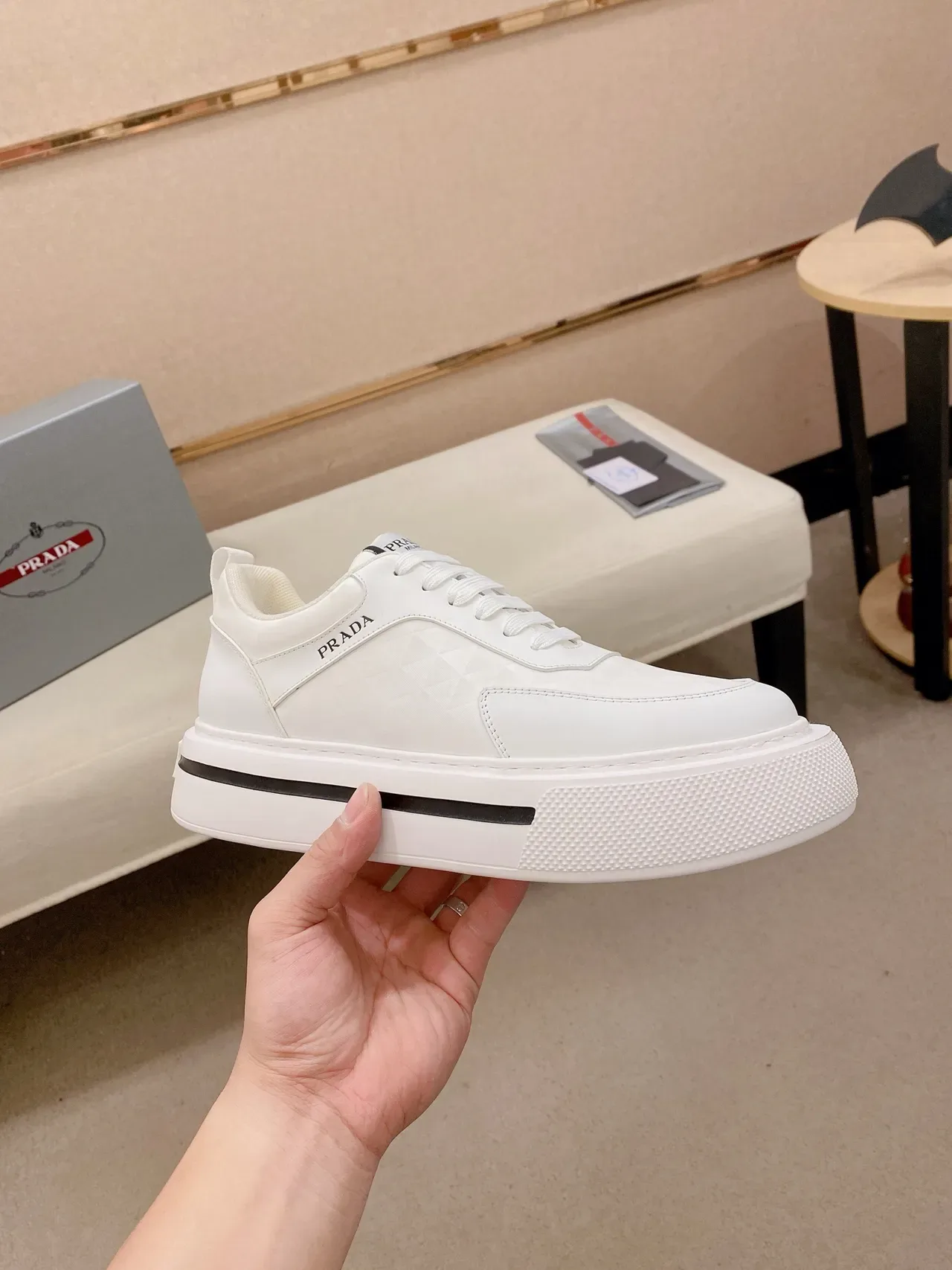 Prada White Leather Quilted Platform Lifestyle Sneakers 4