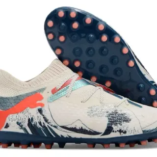 Puma Beige Navy Knit Upper Graphic Wave Print Artificial-Grass Soccer Shoes