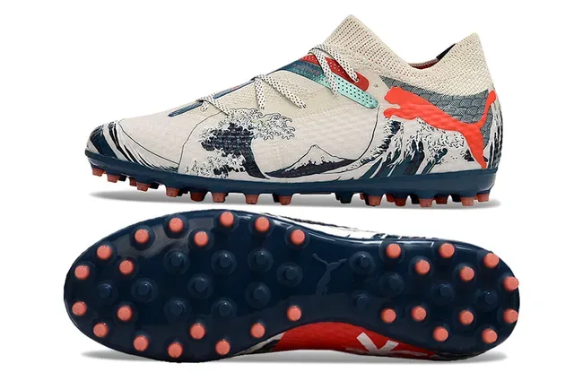 Puma Beige Navy Partie supérieure en maille Impression graphique de vague Chaussures de football Gazon artificiel 2