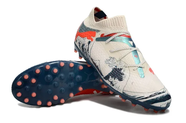 Puma Beige Navy Partie supérieure en maille Impression graphique de vague Chaussures de football Gazon artificiel 4