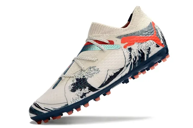 Puma Beige Navy Partie supérieure en maille Impression graphique de vague Chaussures de football Gazon artificiel 5