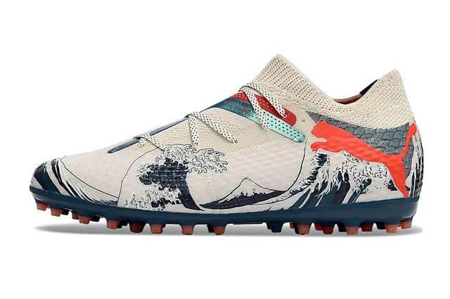 Puma Beige Navy Partie supérieure en maille Impression graphique de vague Chaussures de football Gazon artificiel 7