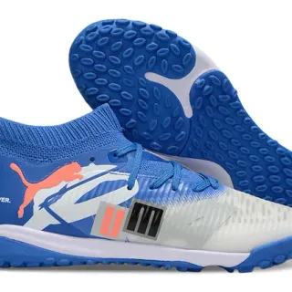 Puma Future Z Blue White Sock-Fit Knit Collar Asymmetrical Lacing Turf Soccer Shoes