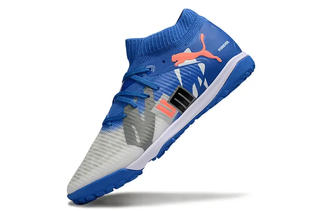 Puma Future Z أزرق أبيض مع كولار نسيجي مريح على شكل الجورب وشبكات غير متناظرة أحذية كرة القدم للعشب الاصطناعي 3