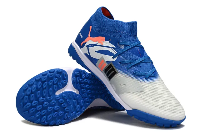 Puma Future Z أزرق أبيض مع كولار نسيجي مريح على شكل الجورب وشبكات غير متناظرة أحذية كرة القدم للعشب الاصطناعي 4