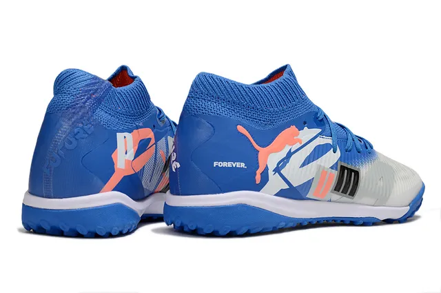 Puma Future Z أزرق أبيض مع كولار نسيجي مريح على شكل الجورب وشبكات غير متناظرة أحذية كرة القدم للعشب الاصطناعي 5