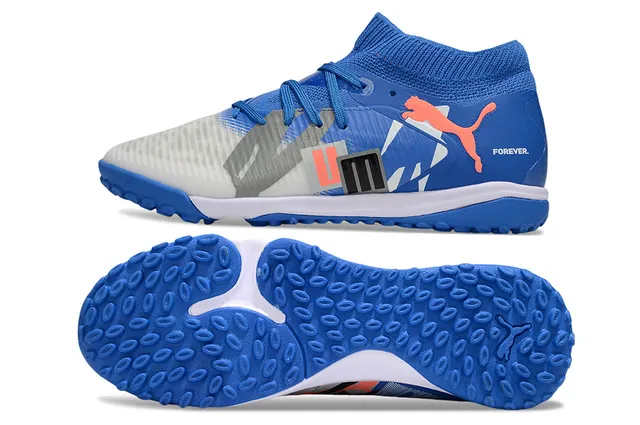 Puma Future Z أزرق أبيض مع كولار نسيجي مريح على شكل الجورب وشبكات غير متناظرة أحذية كرة القدم للعشب الاصطناعي 6