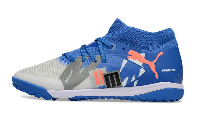 Puma Future Z أزرق أبيض مع كولار نسيجي مريح على شكل الجورب وشبكات غير متناظرة أحذية كرة القدم للعشب الاصطناعي 7