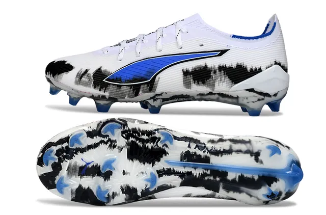 Puma Future Z Sapatos de Futebol Branco Azul Baixo Corte Upper de Malha Cadarços Assimétricos Superfície Firme 6