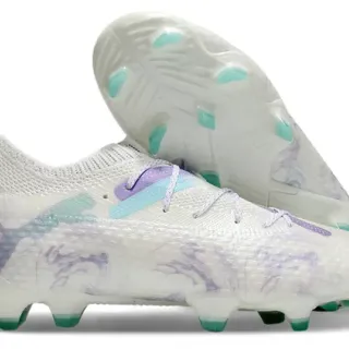 Puma White Purple Knit Upper Marbled Print Firm-Ground Soccer Shoes