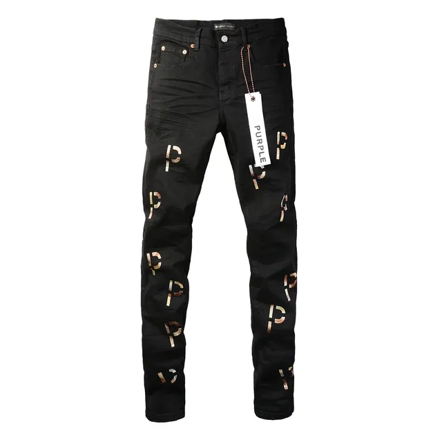Purple Brand All-Over Metallic Logo Print Black Slim-Fit Jeans 16