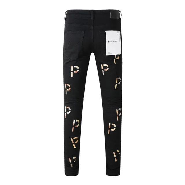 Purple Brand All-Over Metallic Logo Print Black Slim-Fit Jeans 17