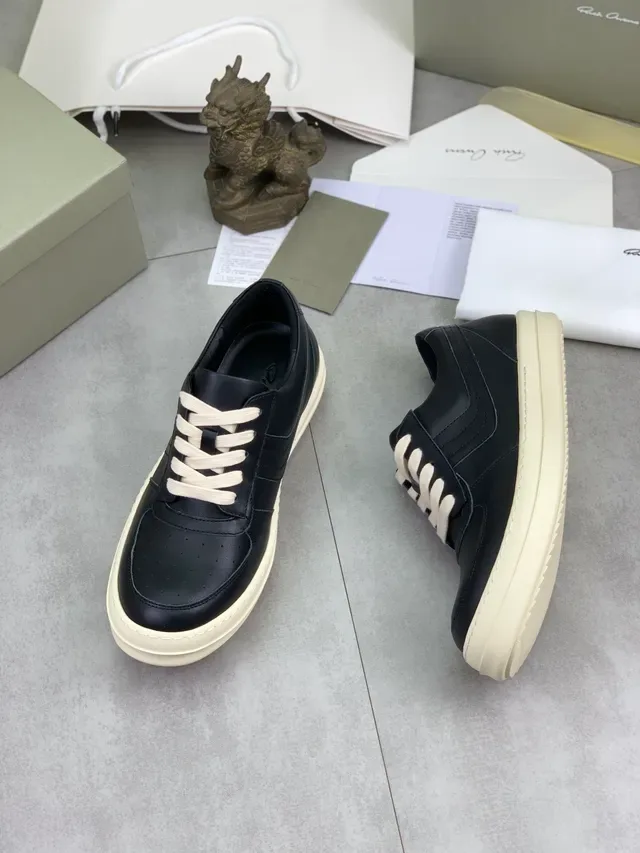 Rick Owens Black Beige Leather Off-White Platform Sole Sneakers 5