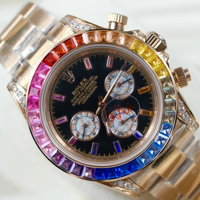 Rolex Cosmograph Daytona Rainbow Gem-Set Bezel Black Dial Rose Gold Mechanical Watch 4