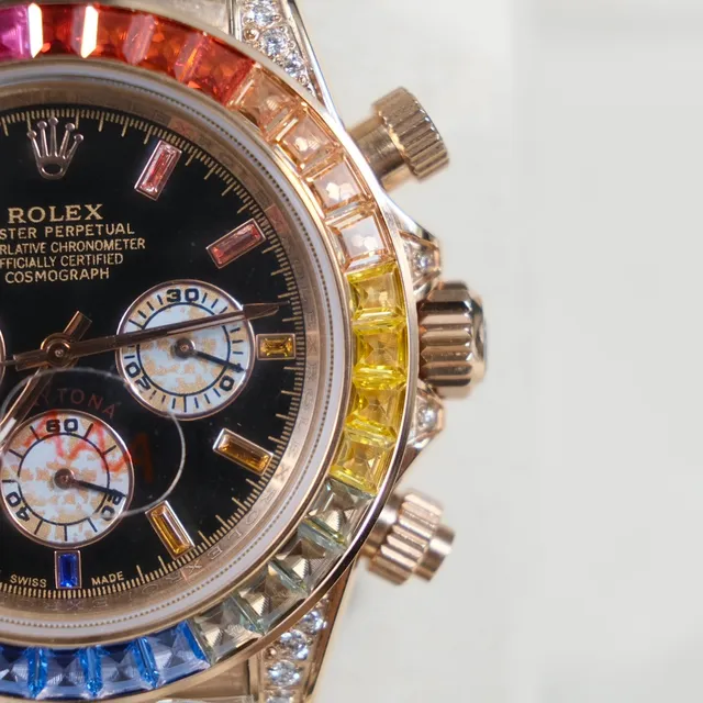 Rolex Cosmograph Daytona Rainbow Gem-Set Bezel Black Dial Rose Gold Mechanical Watch 7