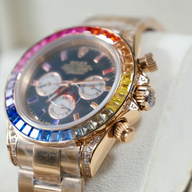Rolex Cosmograph Daytona Rainbow Gem-Set Bezel Black Dial Rose Gold Mechanical Watch 9