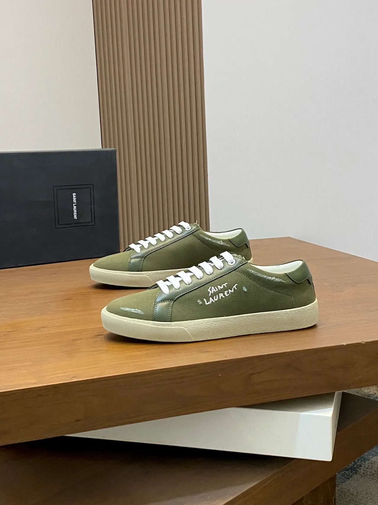 Saint Laurent Army Green Beige Canvas Upper Logo Brodé Sneakers Lifestyle 4