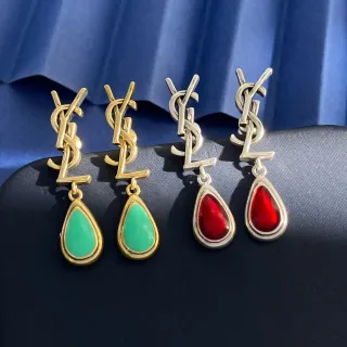 Saint Laurent Monogram Drop Gold Blue Stud Teardrop Pendant Earrings