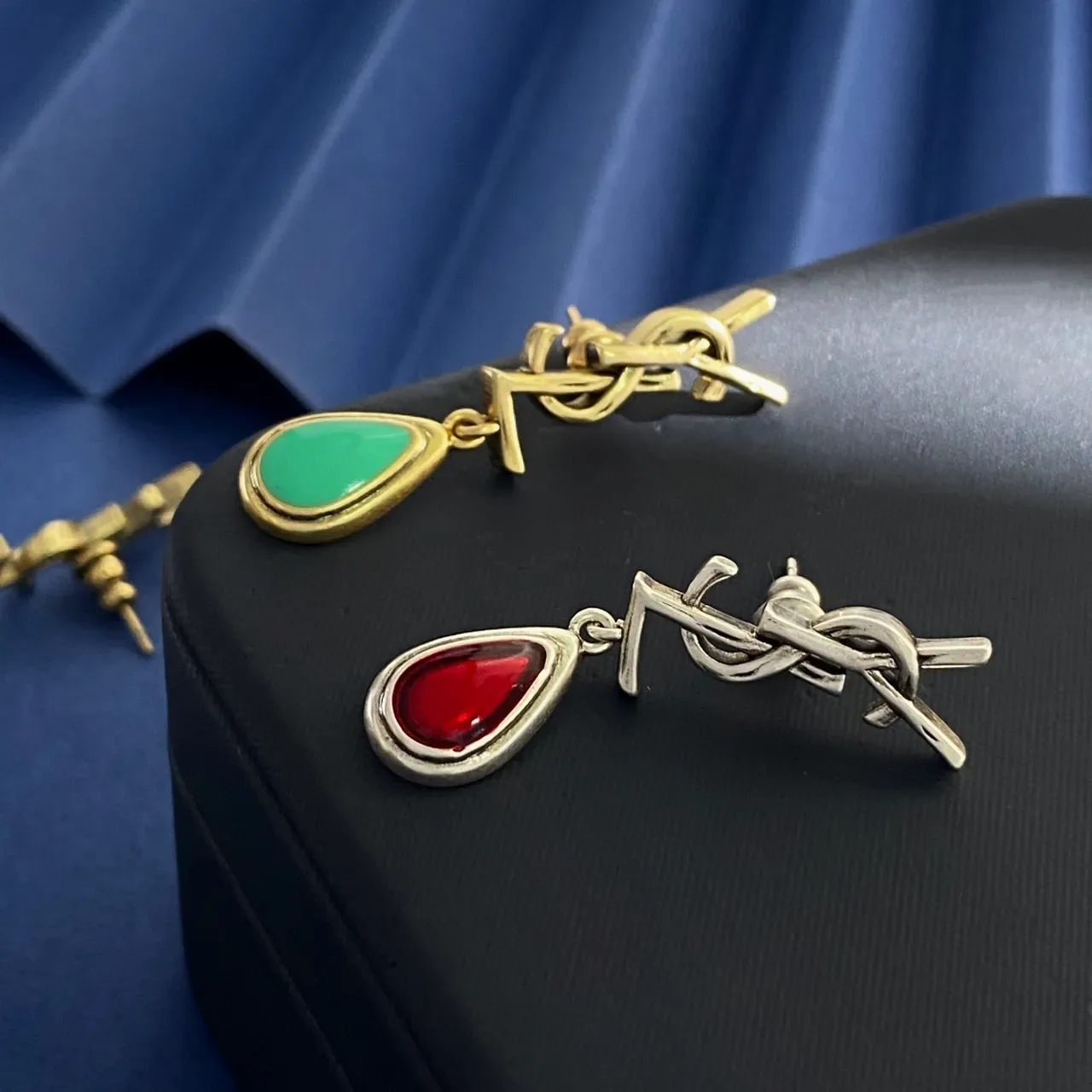 Saint Laurent Monogram Drop Gold Blue Stud Teardrop Pendant Earrings 3