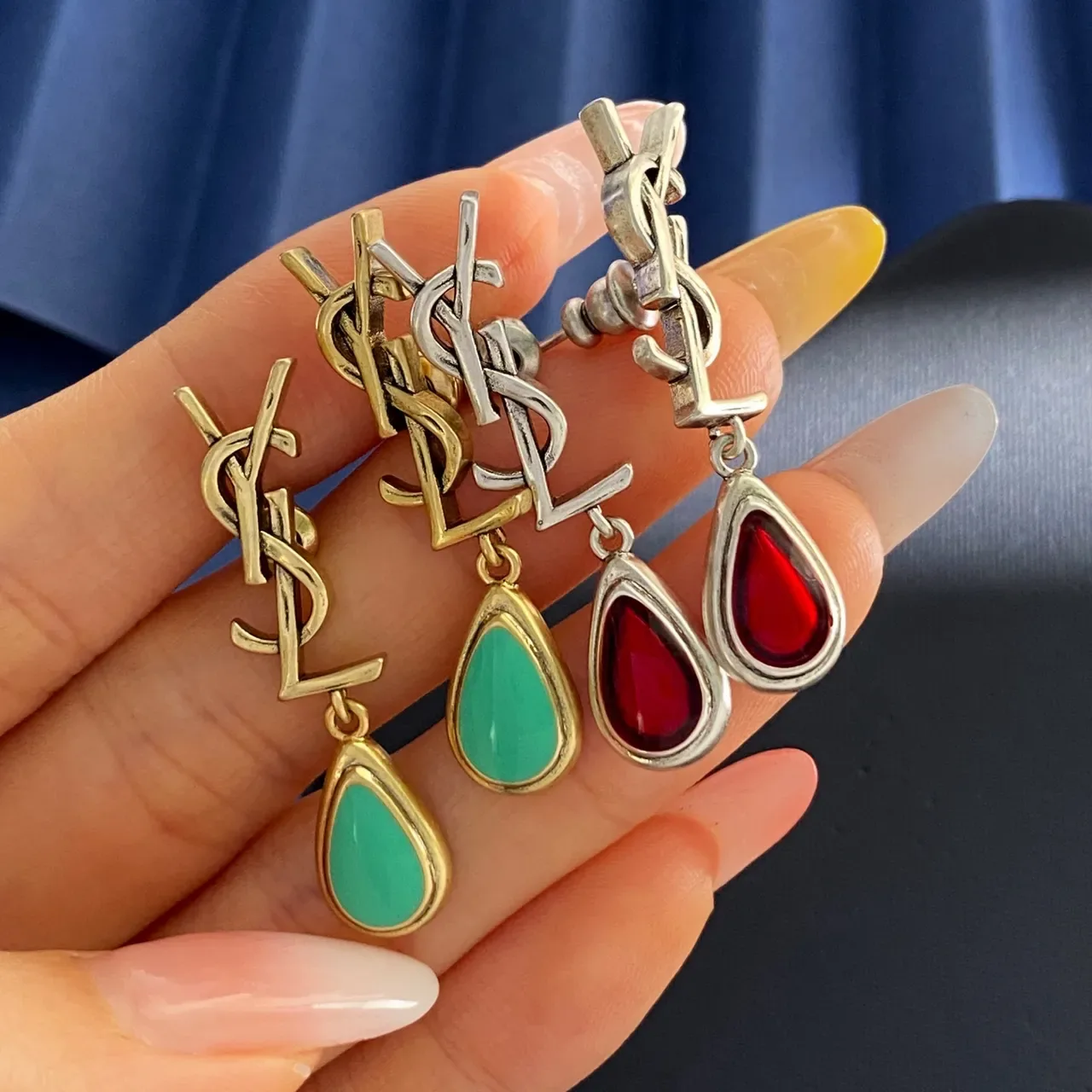 Saint Laurent Monogram Drop Gold Blue Stud Teardrop Pendant Earrings 4