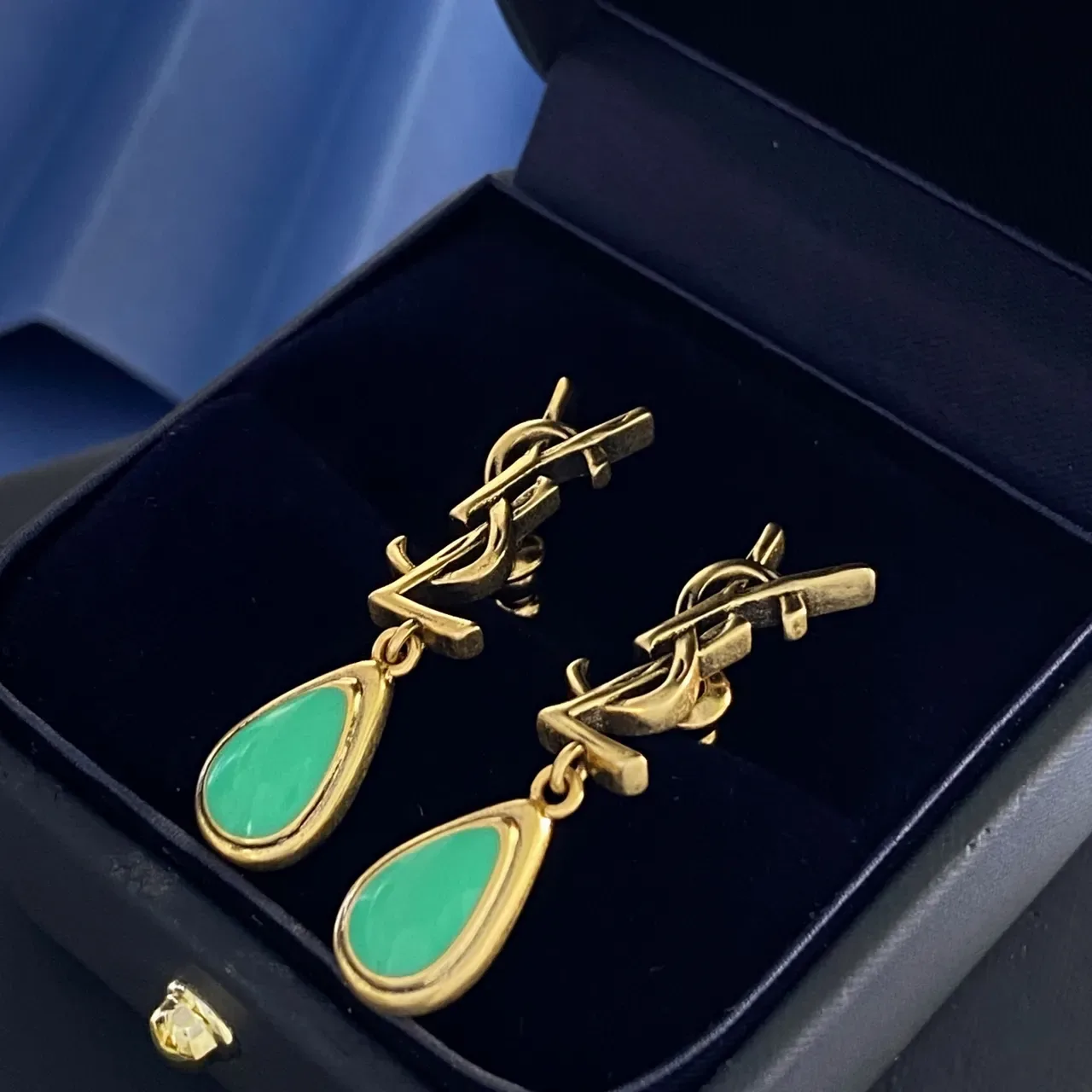 Saint Laurent Monogram Drop Gold Blue Stud Teardrop Pendant Earrings 5