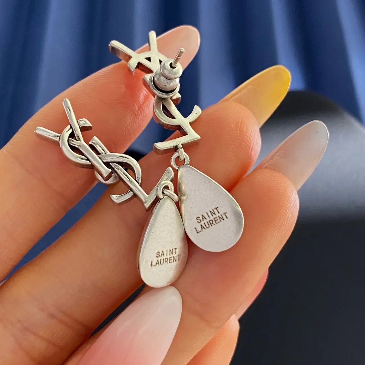 Saint Laurent Monogram Drop Gold Blue Stud Teardrop Pendant Earrings 7