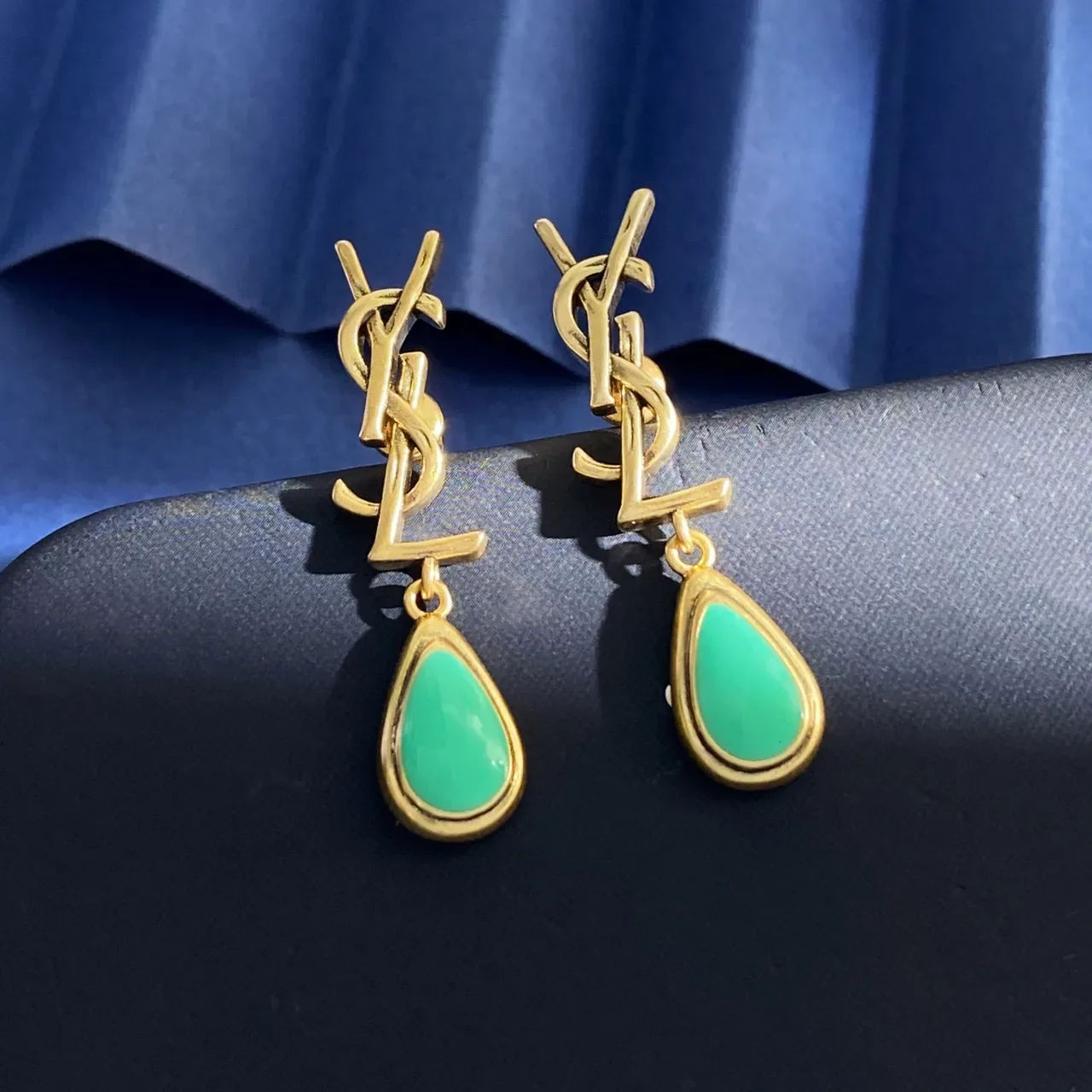 Saint Laurent Monogram Drop Gold Blue Stud Teardrop Pendant Earrings 8