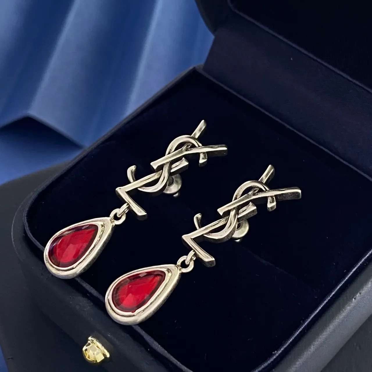 Saint Laurent Monogram Drop Gold Blue Stud Teardrop Pendant Earrings 9