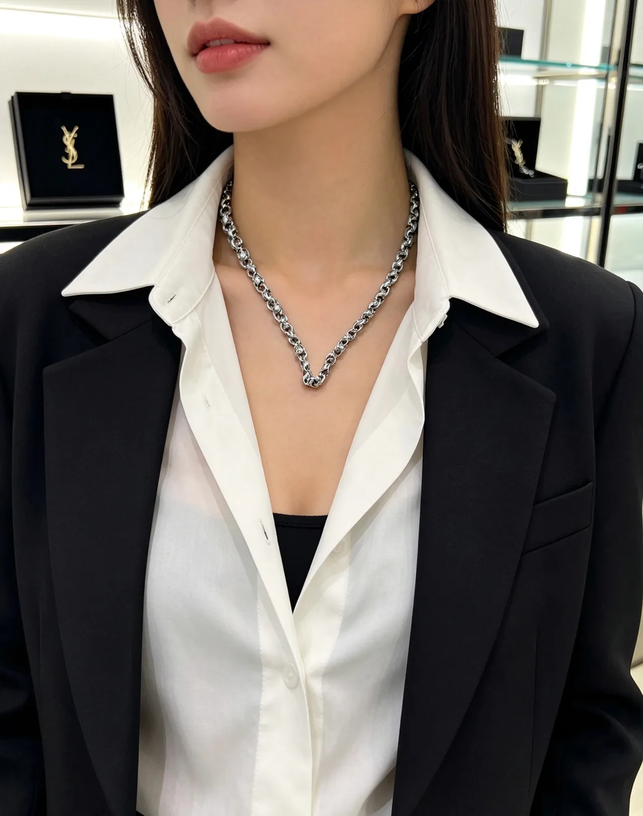 Saint Laurent Silver Black Sculpted Link Textured Surface Necklace 2