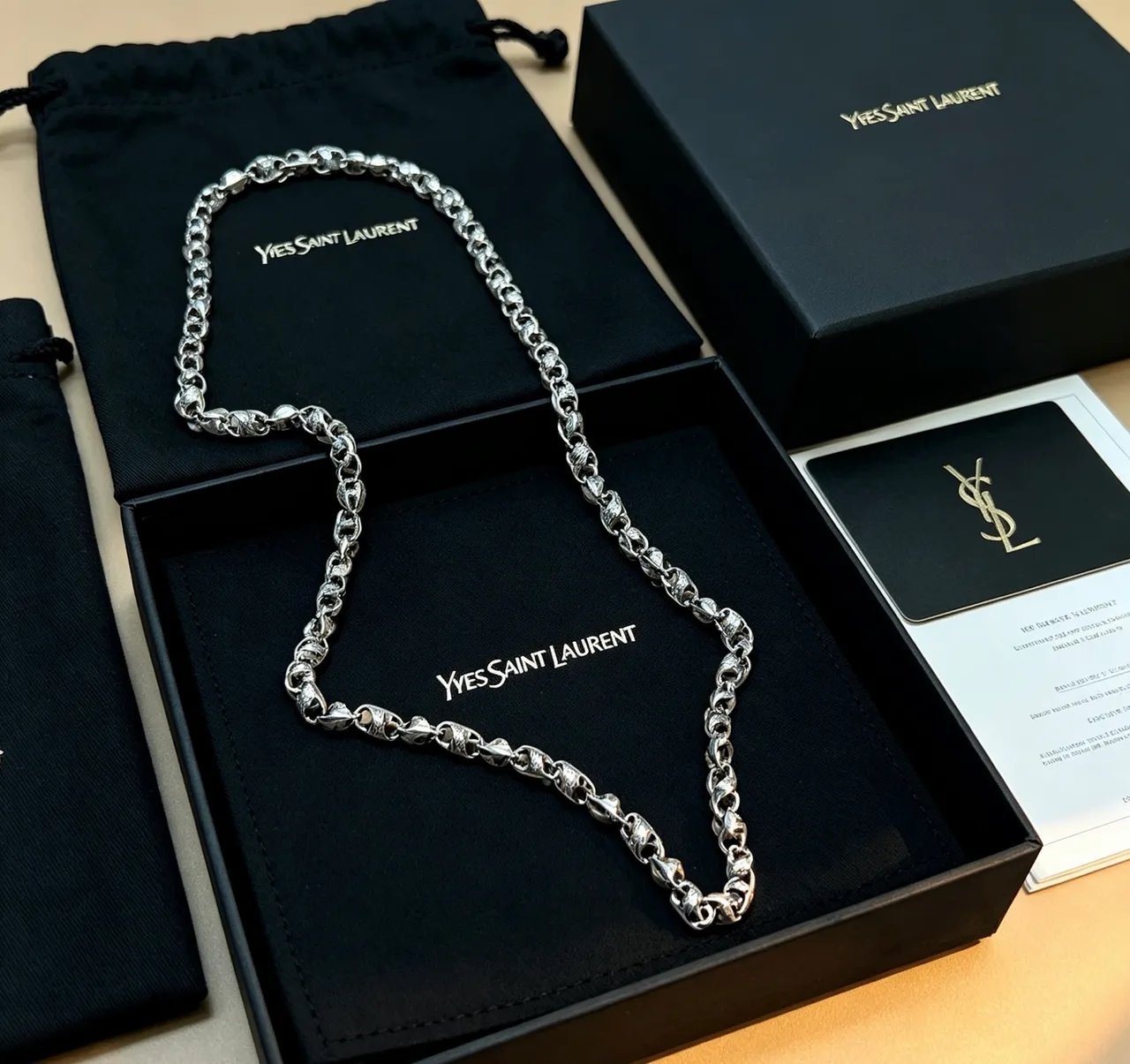 Saint Laurent Silver Black Sculpted Link Textured Surface Necklace 3