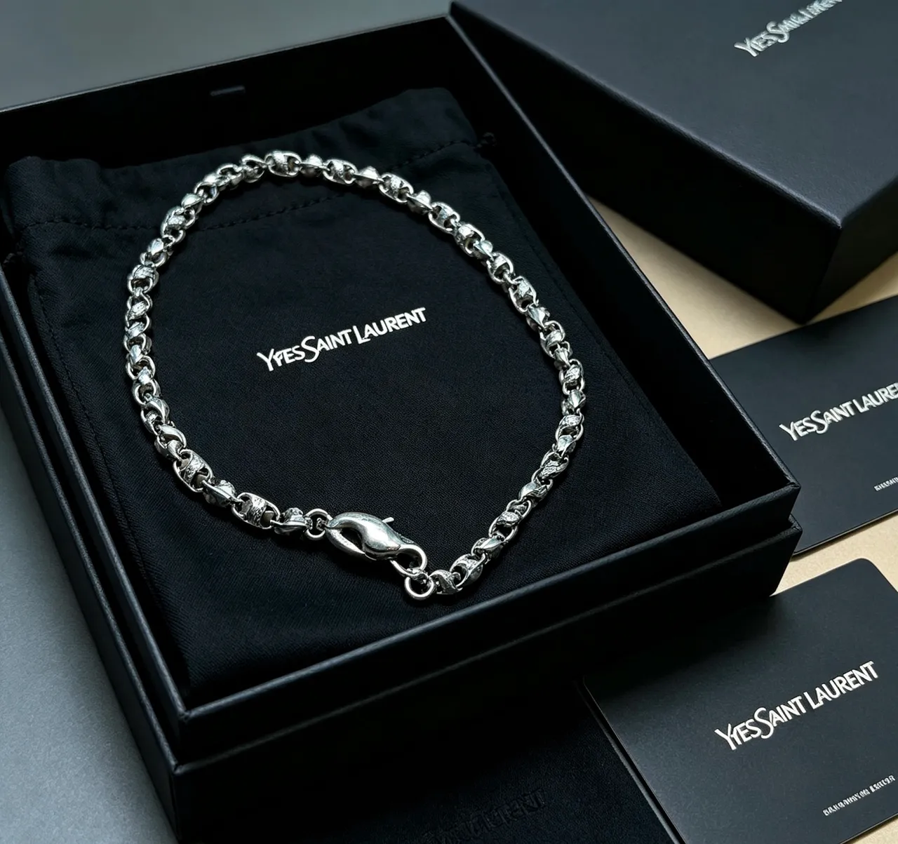 Saint Laurent Silver Black Sculpted Link Textured Surface Necklace 4