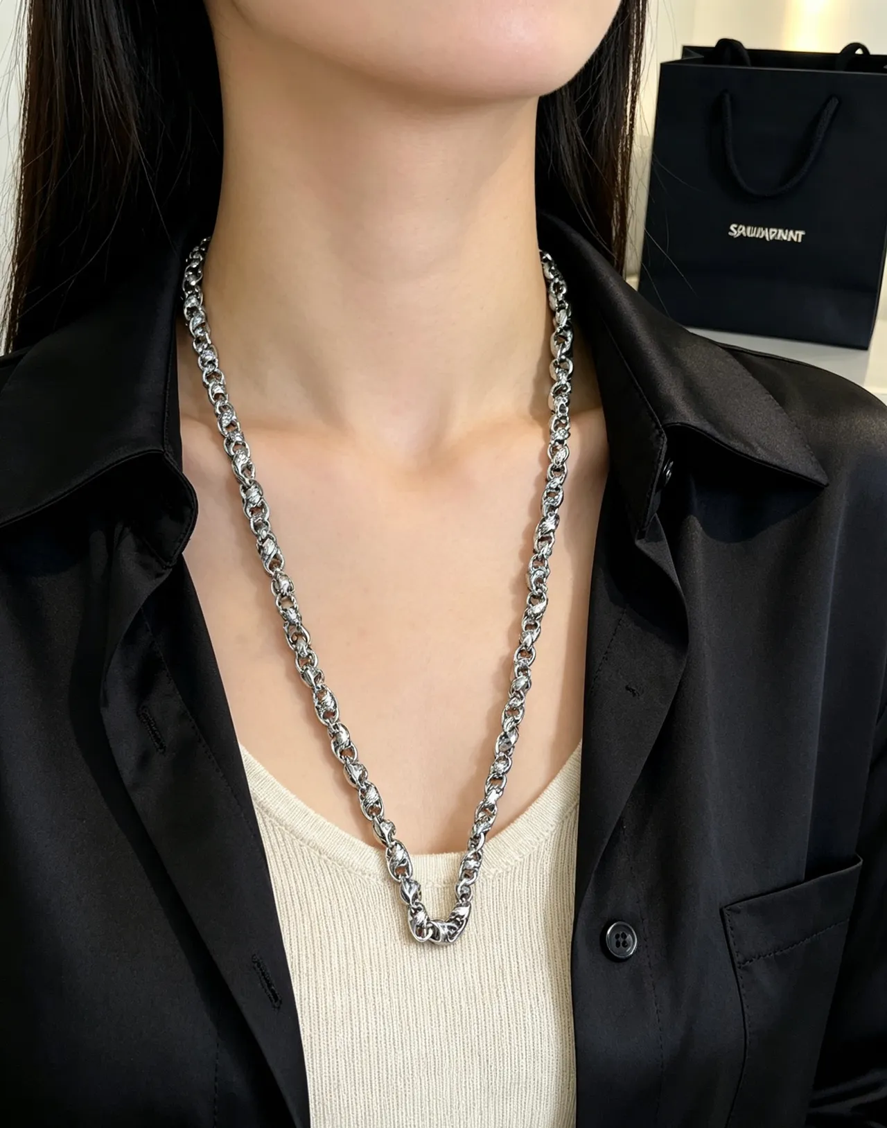 Saint Laurent Silver Black Sculpted Link Textured Surface Necklace 5