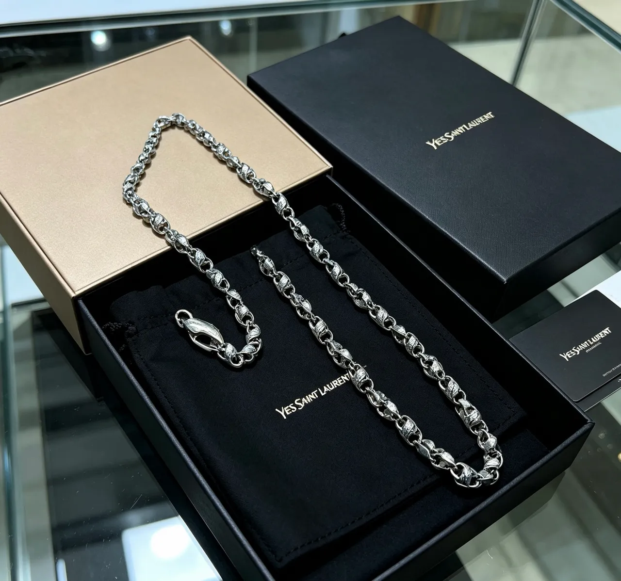 Saint Laurent Silver Black Sculpted Link Textured Surface Necklace 6