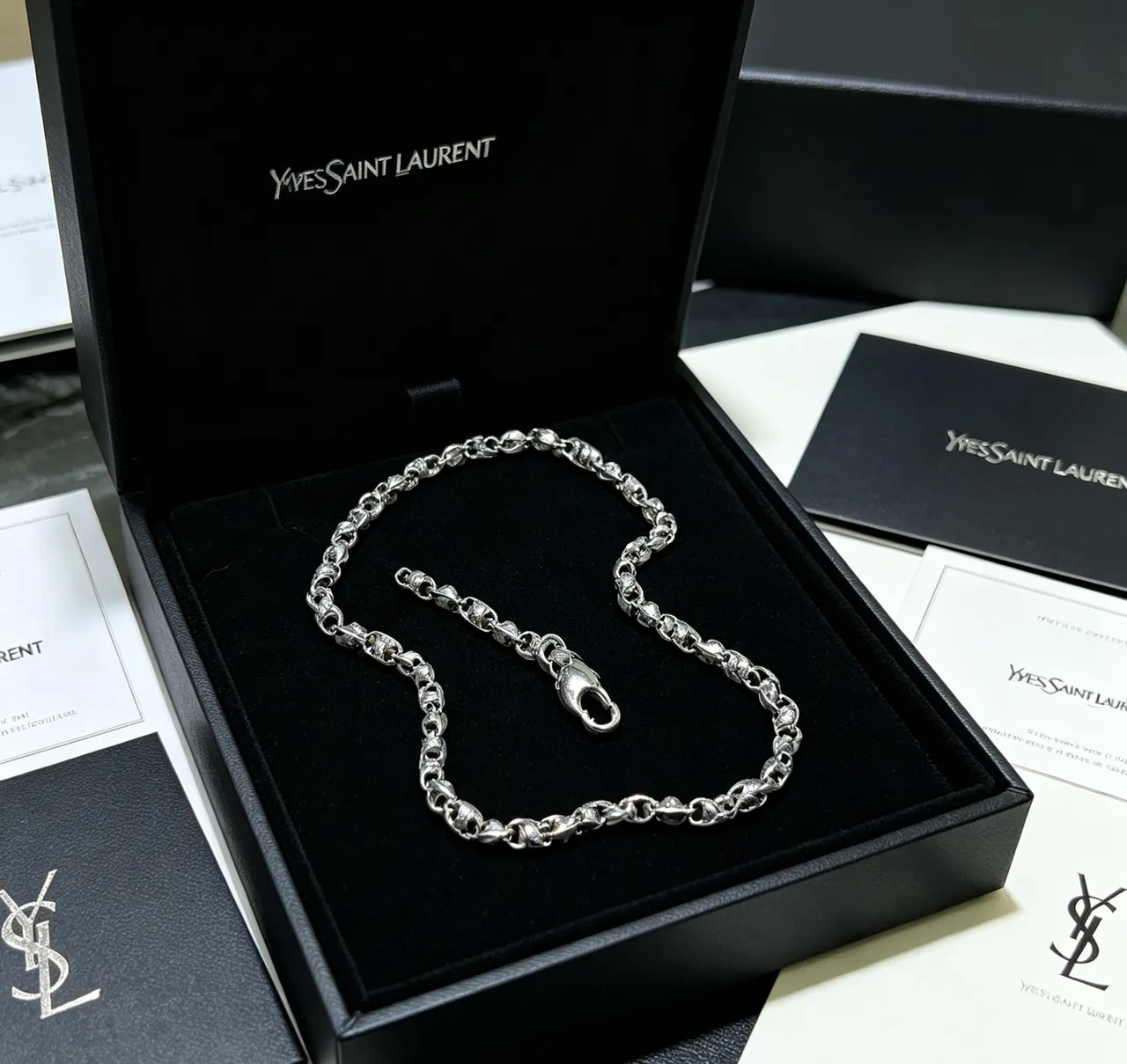 Saint Laurent Silver Black Sculpted Link Textured Surface Necklace 7